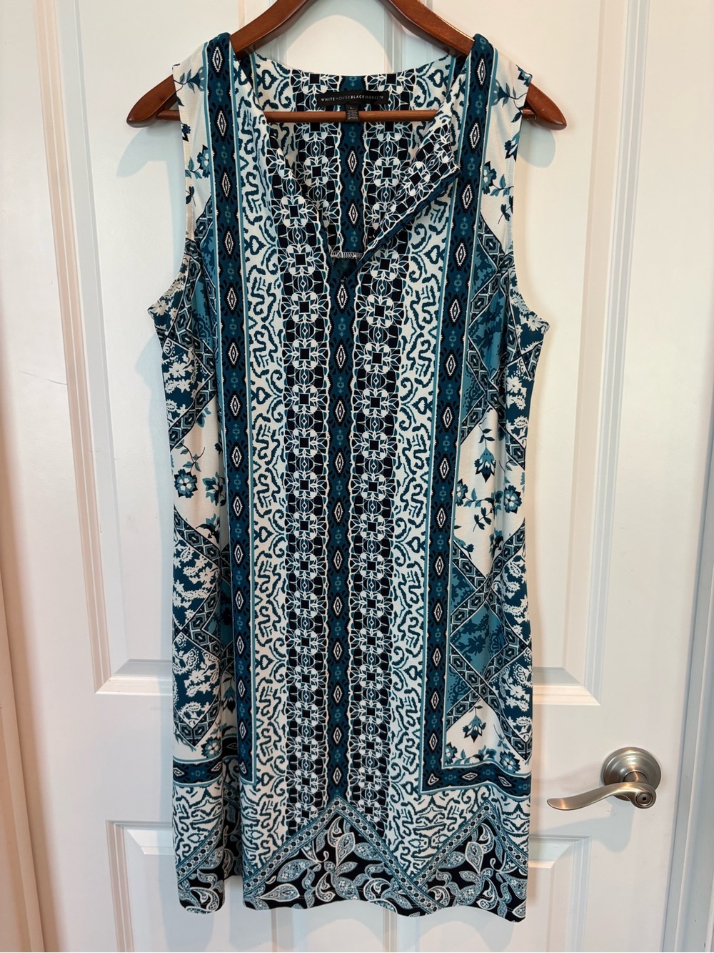 White House Black Market Teal & Navy Geometric Tile Print Shift Dress, Size L